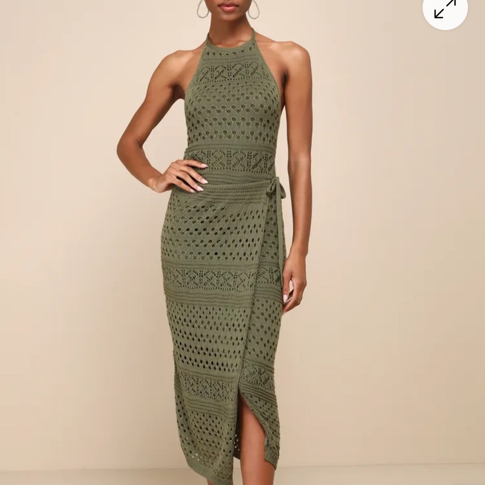 Lulu's Olive Crochet Midi Dress